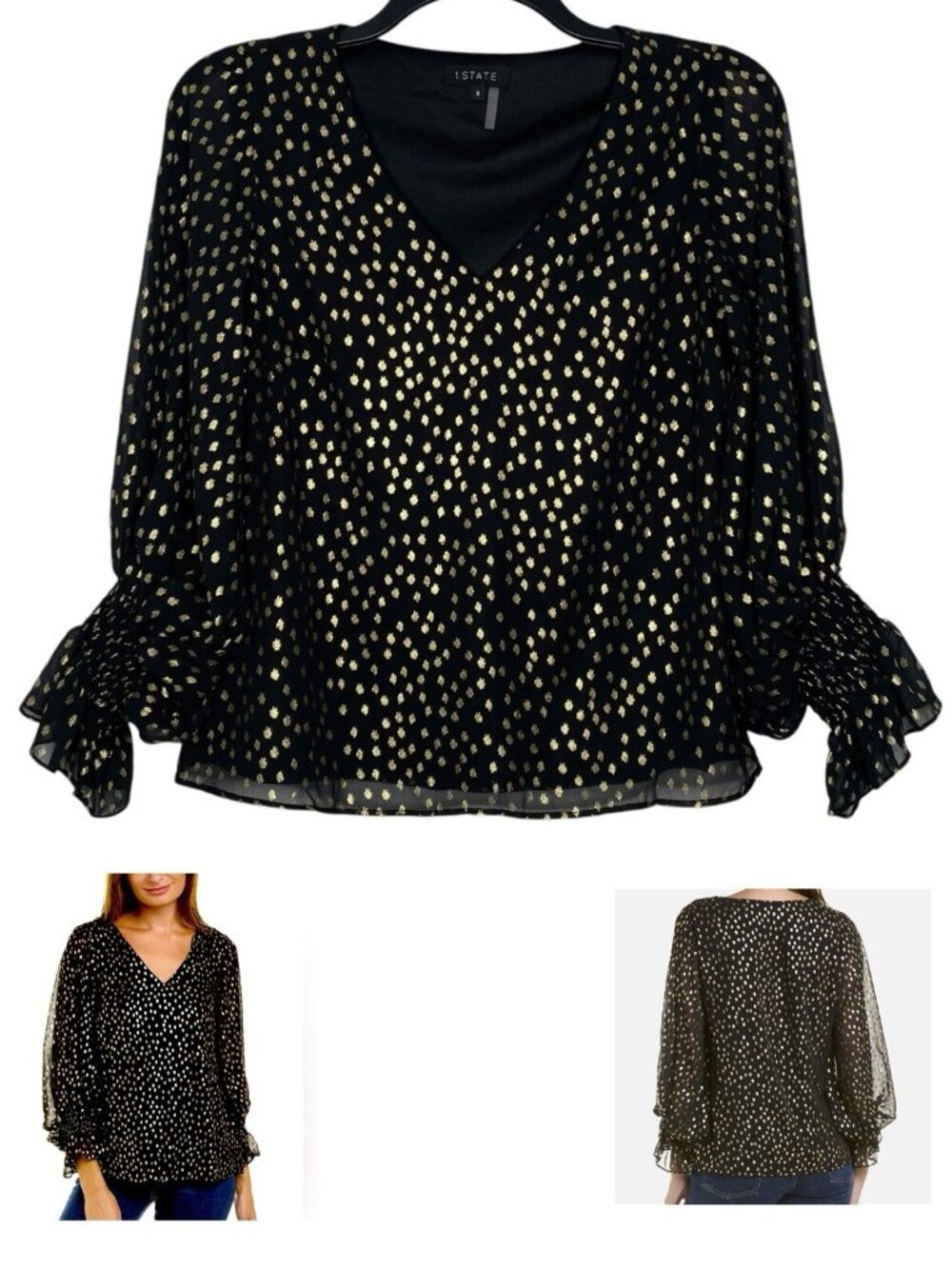1.STATE Womens Blouse Small Black Gold Foil Dots Balloon Sleeve Long Sleeves